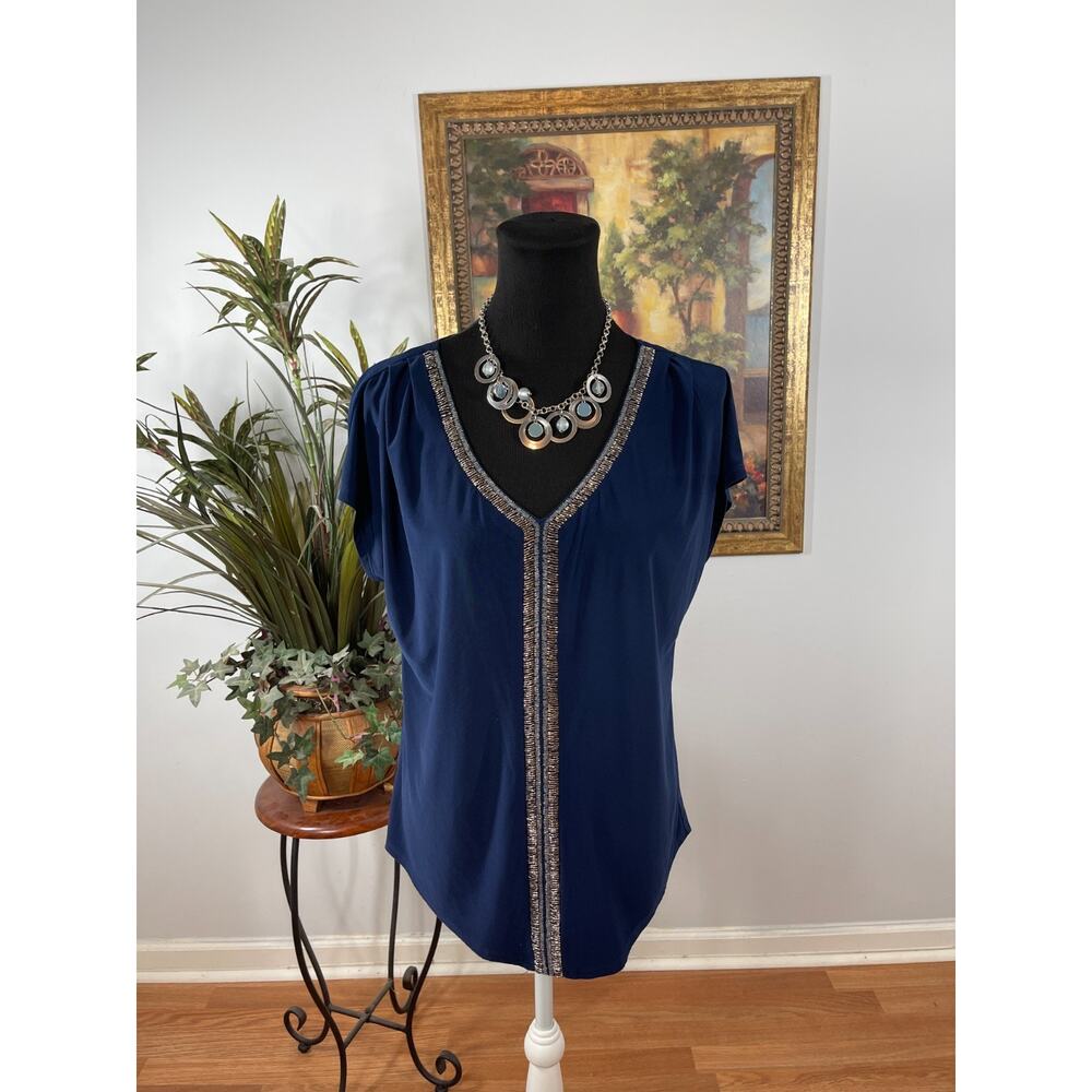 Per Seption Concepts Blouse Top Women's M Navy Embellished Trim Evening Wear
